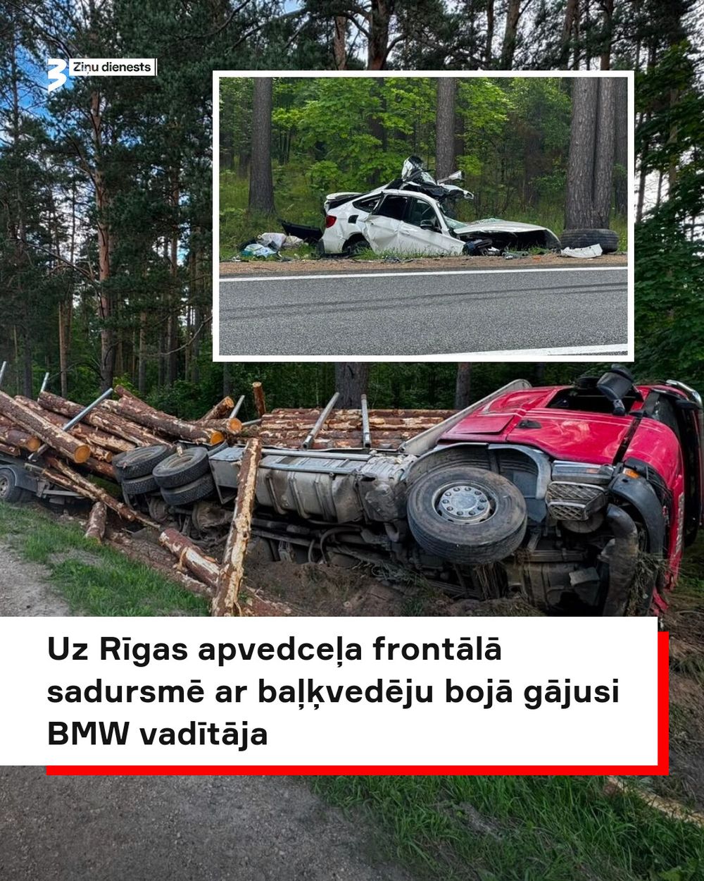 Traģiska avārija Ropažu novadā: baļķvedēja riepas defekts izraisīja frontālu sadursmi, kuras upuris kļuva par BMW vadītāju
